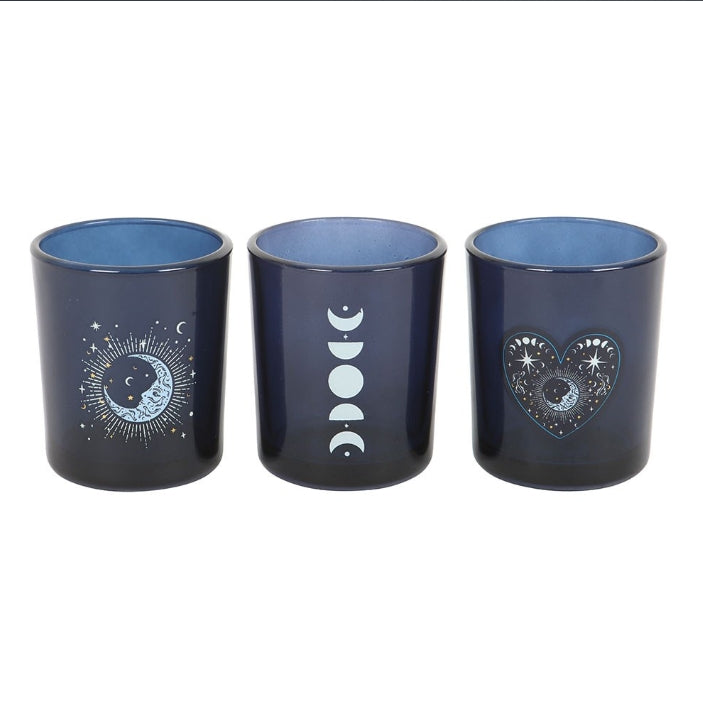 Set of 3 Blue Moon Votive Candle Holders Glass Tea Light