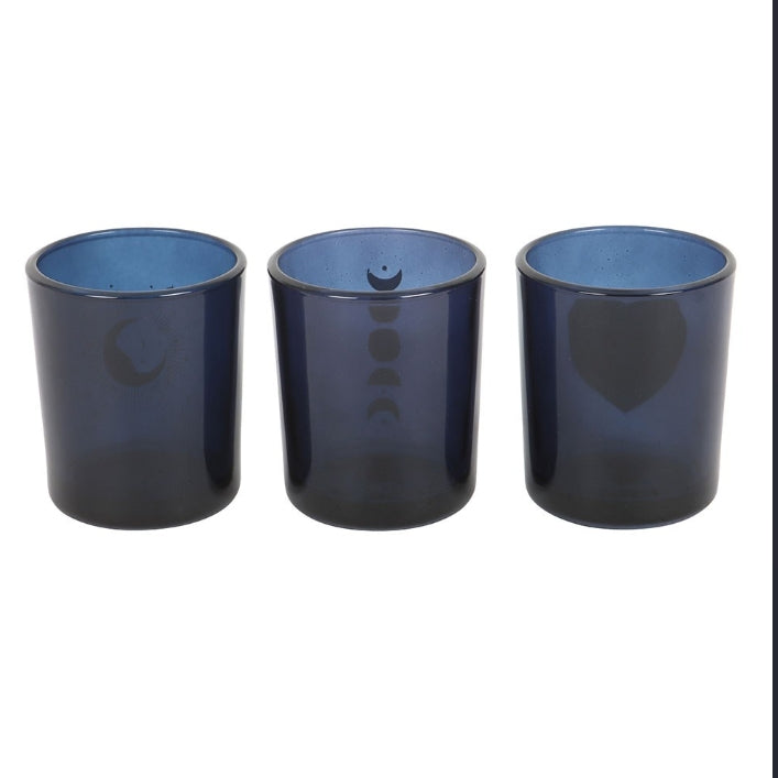 Set of 3 Blue Moon Votive Candle Holders Glass Tea Light