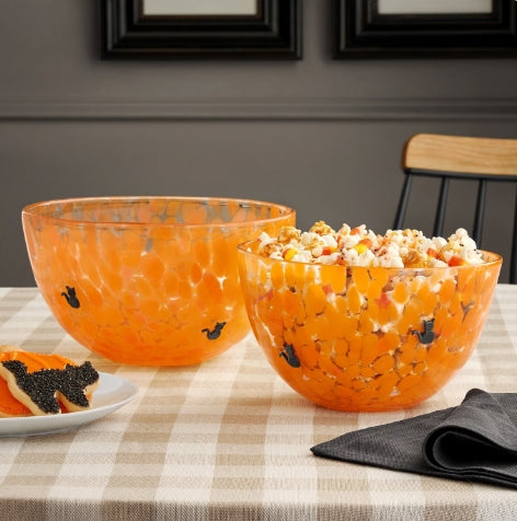Hand Blown Glass Orange Black Cat Bowls Set of Two