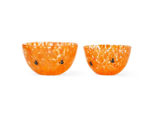 Hand Blown Glass Orange Black Cat Bowls Set of Two
