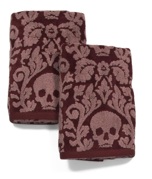 Wine Colored Damask Skull Halloween Kitchen Towels Set of 2