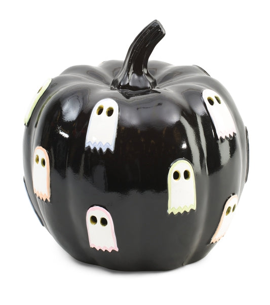 LED Lit  Black Pumpkin with Ghosts