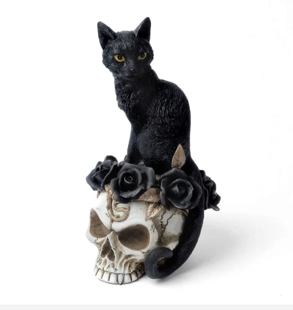 Grimalkin's Ghost Black Cat Roses on a Skull Statue Figurine