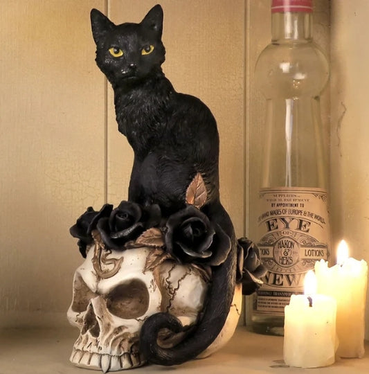 Grimalkin's Ghost Black Cat Roses on a Skull Statue Figurine