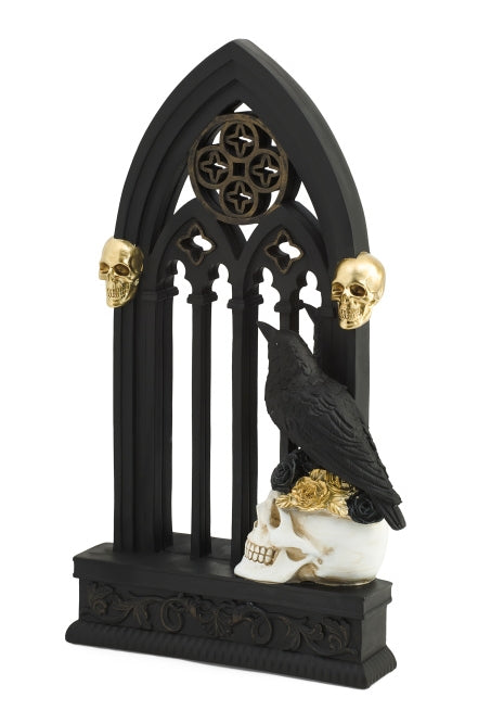 Tall Cathedral Raven Skull & Roses Mirror Shelf with Lights