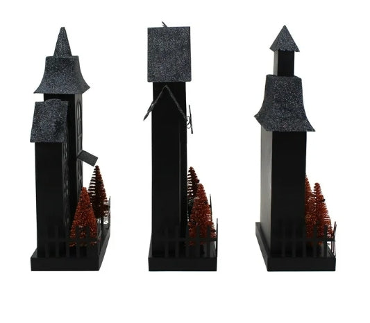 Lit Metal Haunted Houses Sparkly Witch, Bats Ghost Designs