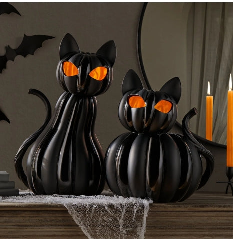 Lit Pumpkin Black Cat Jack-o-Lanterns