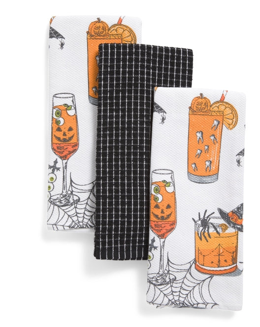 Creepy Fun  Halloween Drinks Kitchen Towels Set of 3 Halloween Barware Kitchenware