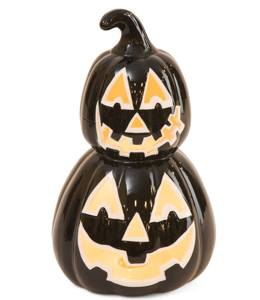 LED Lit  Stacked Black Pumpkins Jack O Lantern Ceramic