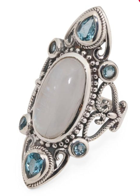 Large Gothic Rainbow Moonstone Silver Ring