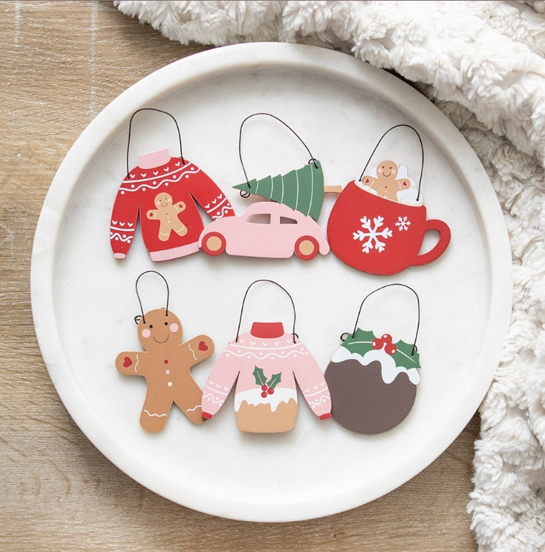 Mini Christmas Hanging Signs Gingerbread, Tree, Pudding, Sweaters, Car with Tree