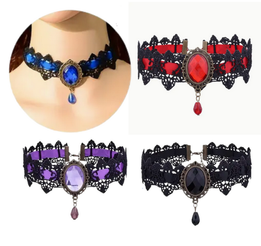 Vintage Gothic Lace Jeweled Pendant Choker
