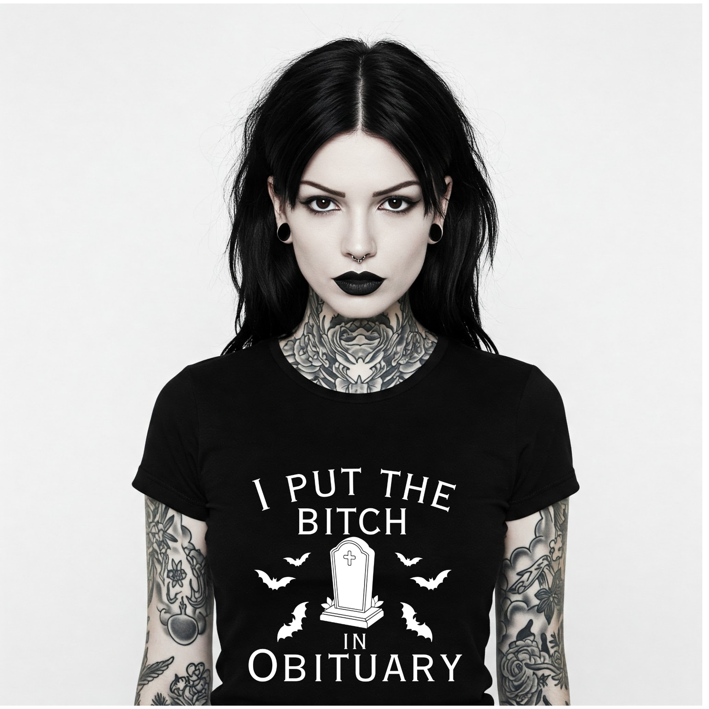 I Put the Bitch in Obituary Graphic T Shirt Goth Halloween Funny Mom