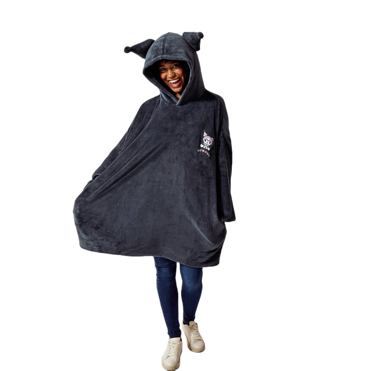 Kuromi Women's Black Oversized Fleece Hooded Blanket with Ears