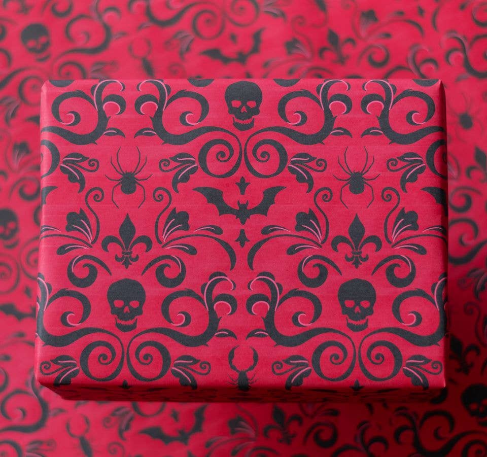 Skull Damask Gift Wrap - Red (8ft Roll)