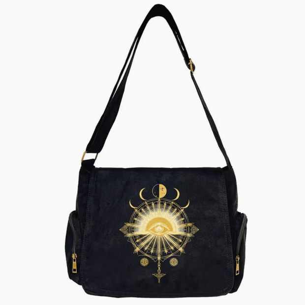 All seeing Eye Moon Phases Large Tote Messager Crossbody Bag Black Clothing - Gothic & Alternative Gift - Haunted