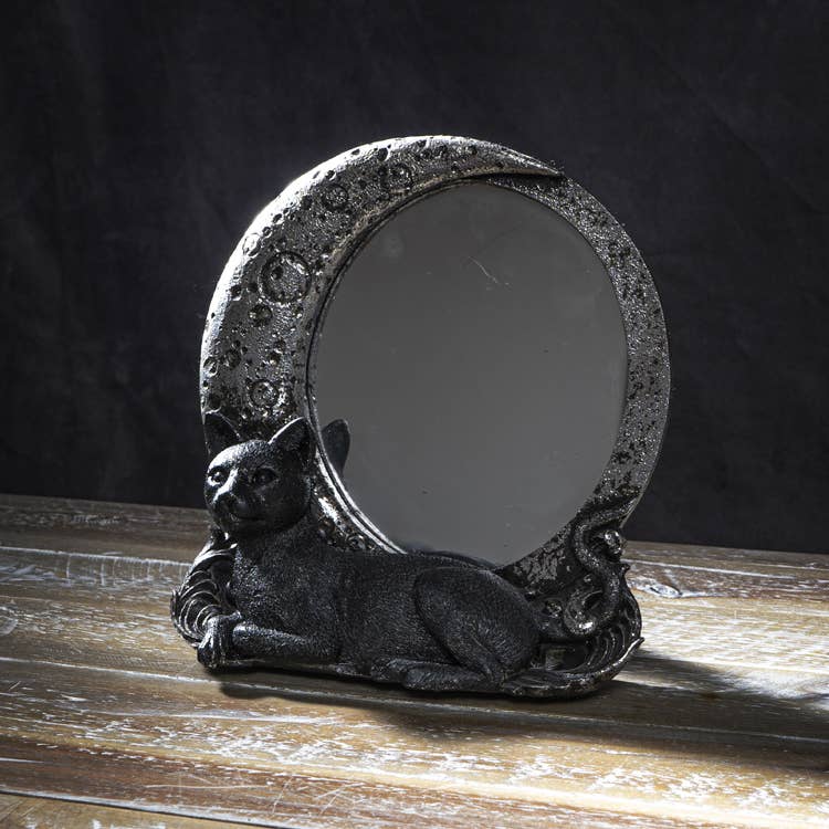 Witchy Vintage Black Cat on Moon Tabletop Mirror