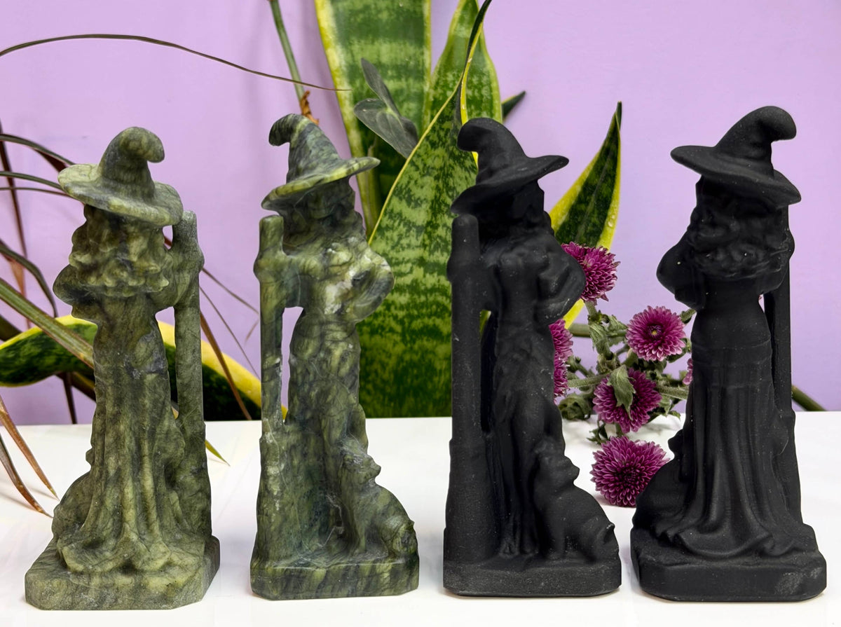Natural Black Obsidian & Nephrite Jade Witch Crystal Carving