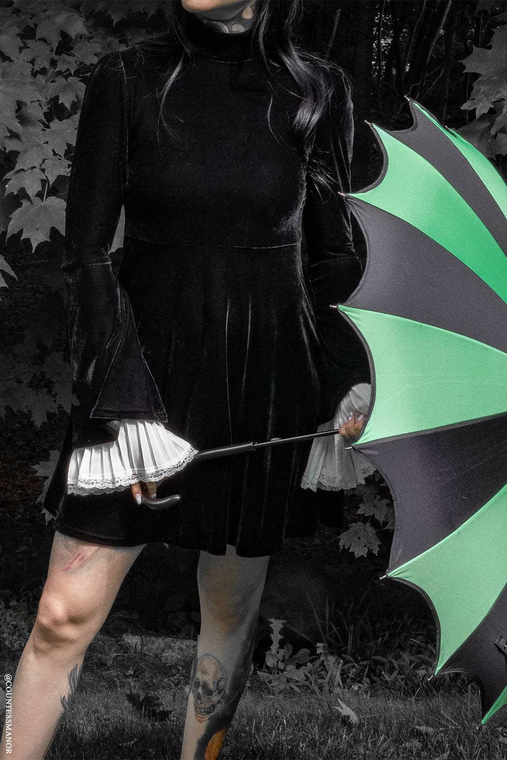 Batwing Pagoda Umbrella [BLACK/GREEN STRIPED] Accessories - Gothic & Alternative Gift - Haunted