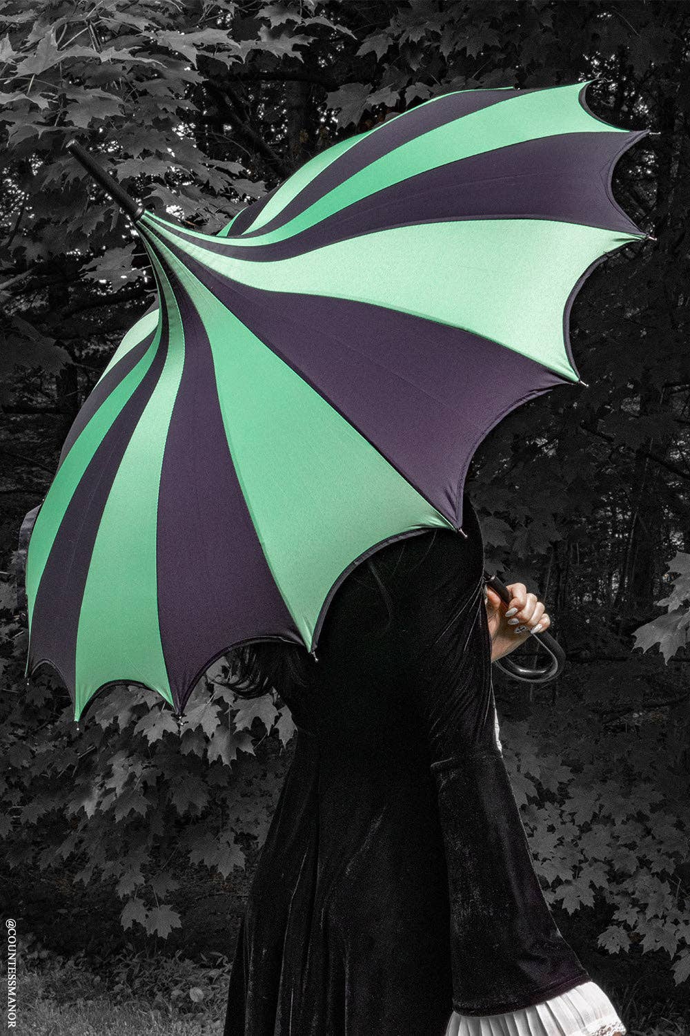 Batwing Pagoda Umbrella [BLACK/GREEN STRIPED] Accessories - Gothic & Alternative Gift - Haunted
