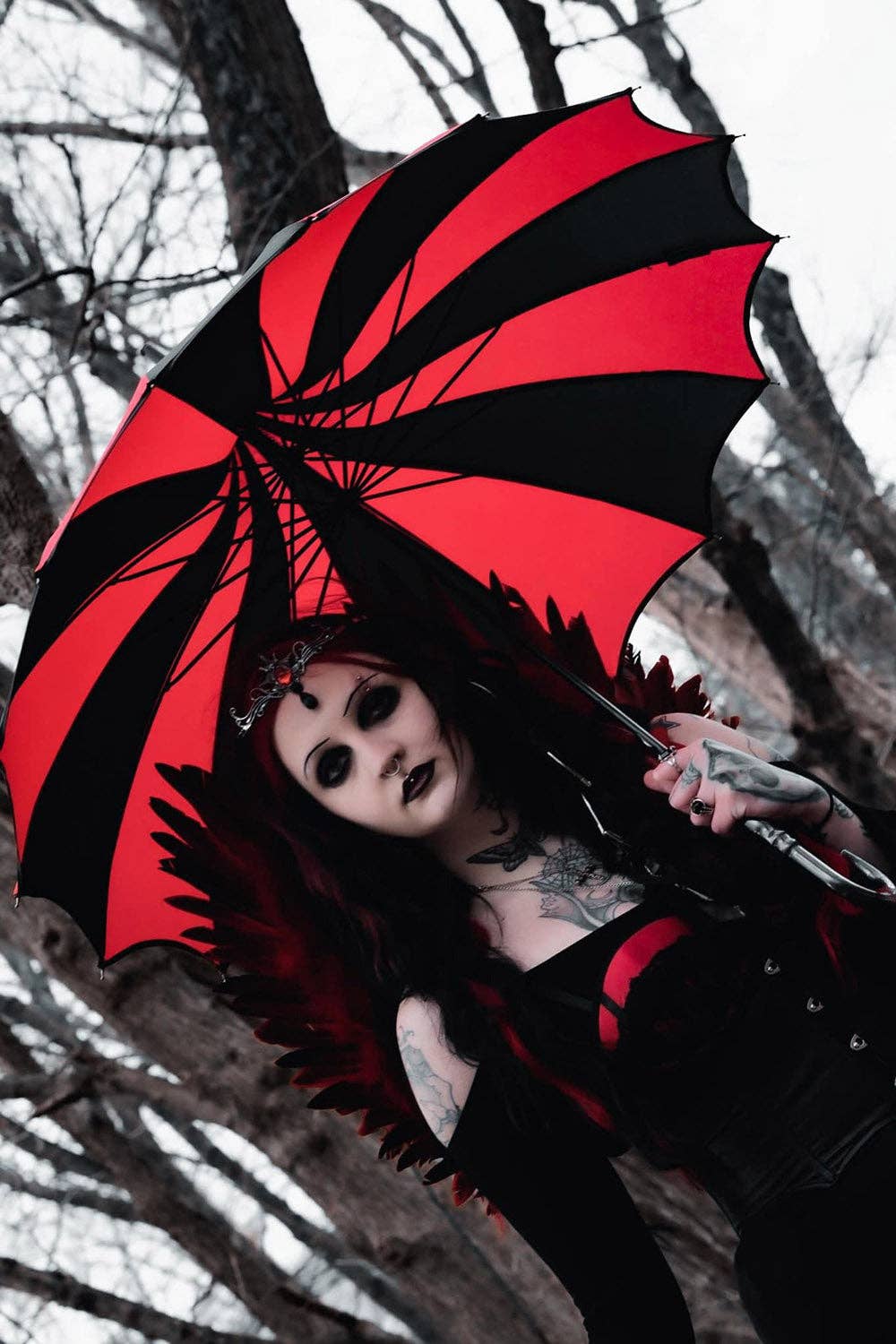 Batwing Pagoda Umbrella [BLACK/RED STRIPED] Accessories - Gothic & Alternative Gift - Haunted