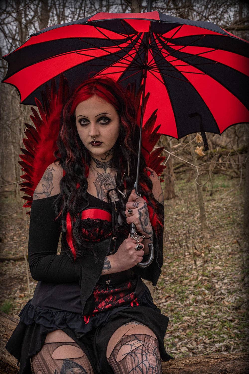 Batwing Pagoda Umbrella [BLACK/RED STRIPED] Accessories - Gothic & Alternative Gift - Haunted