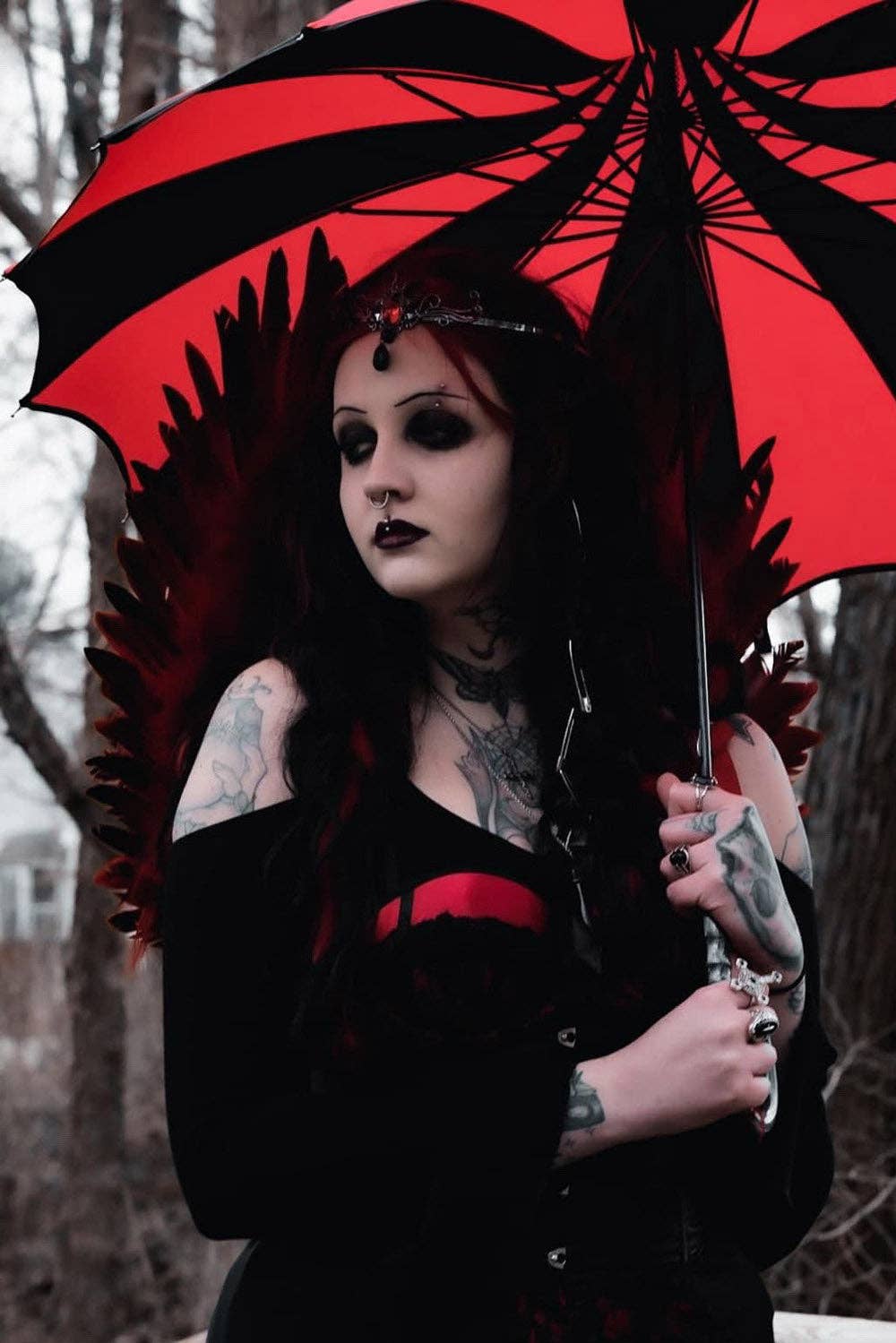 Batwing Pagoda Umbrella [BLACK/RED STRIPED] Accessories - Gothic & Alternative Gift - Haunted