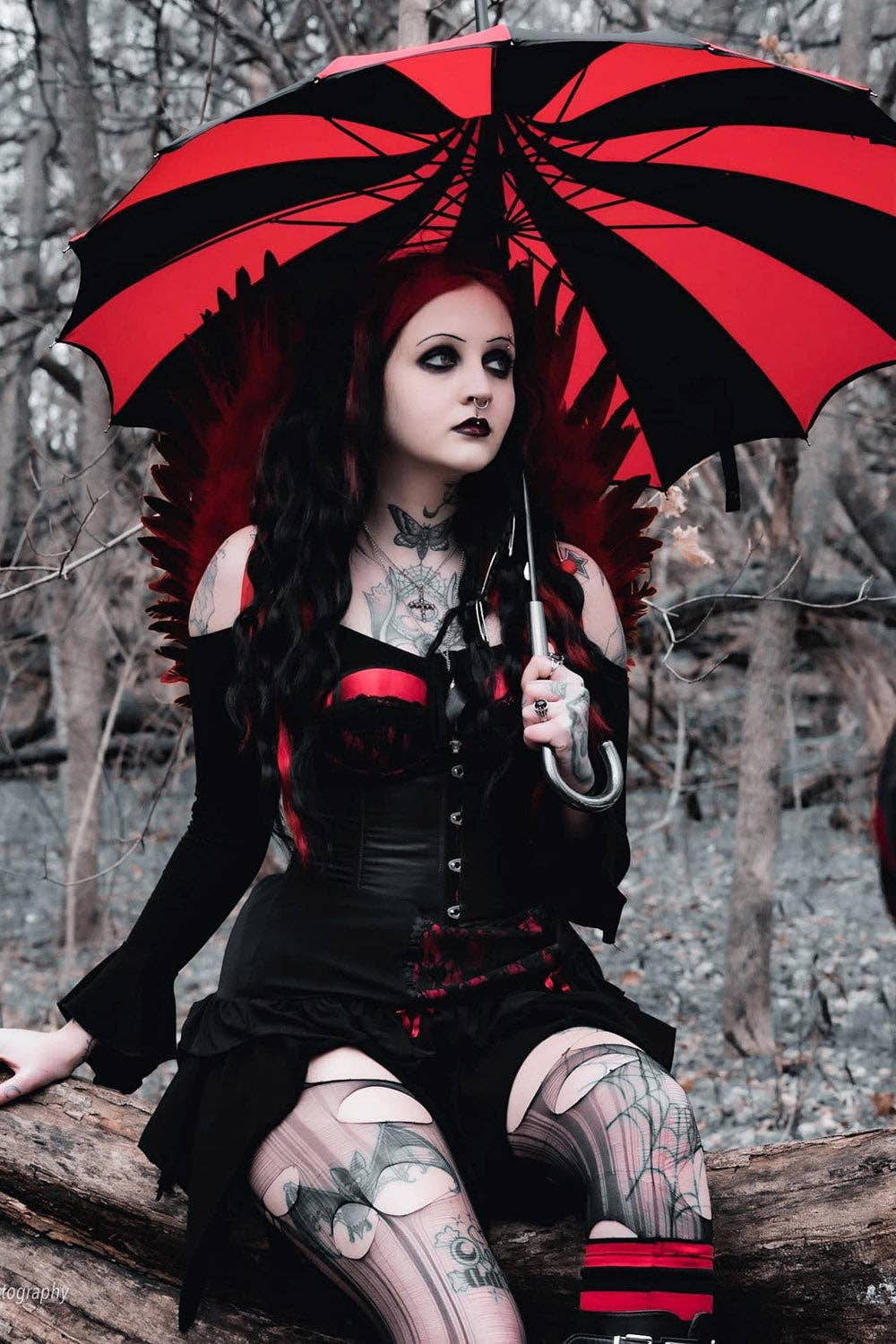 Batwing Pagoda Umbrella [BLACK/RED STRIPED] Accessories - Gothic & Alternative Gift - Haunted