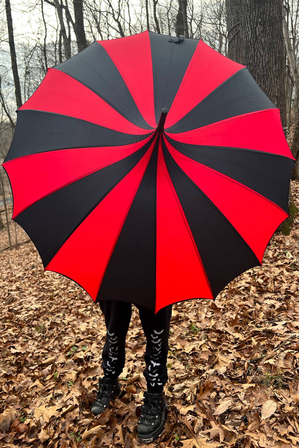 Batwing Pagoda Umbrella [BLACK/RED STRIPED] Accessories - Gothic & Alternative Gift - Haunted