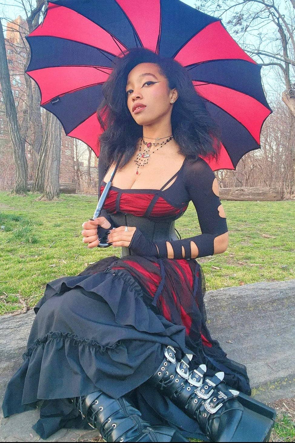Batwing Pagoda Umbrella [BLACK/RED STRIPED] Accessories - Gothic & Alternative Gift - Haunted