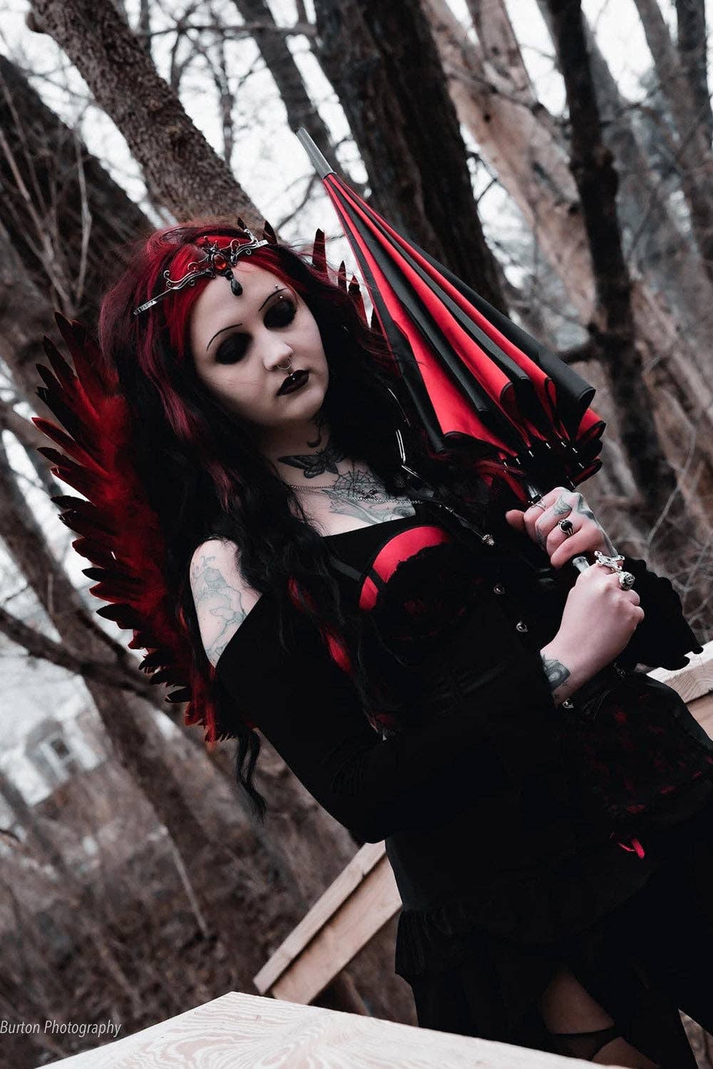 Batwing Pagoda Umbrella [BLACK/RED STRIPED] Accessories - Gothic & Alternative Gift - Haunted
