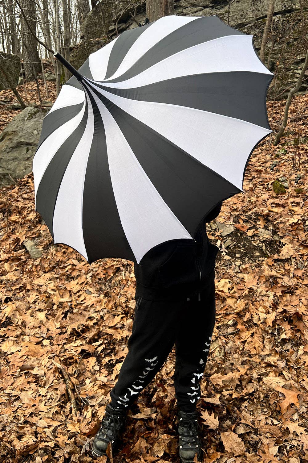 Batwing Pagoda Umbrella [BLACK/WHITE STRIPED] Accessories - Gothic & Alternative Gift - Haunted