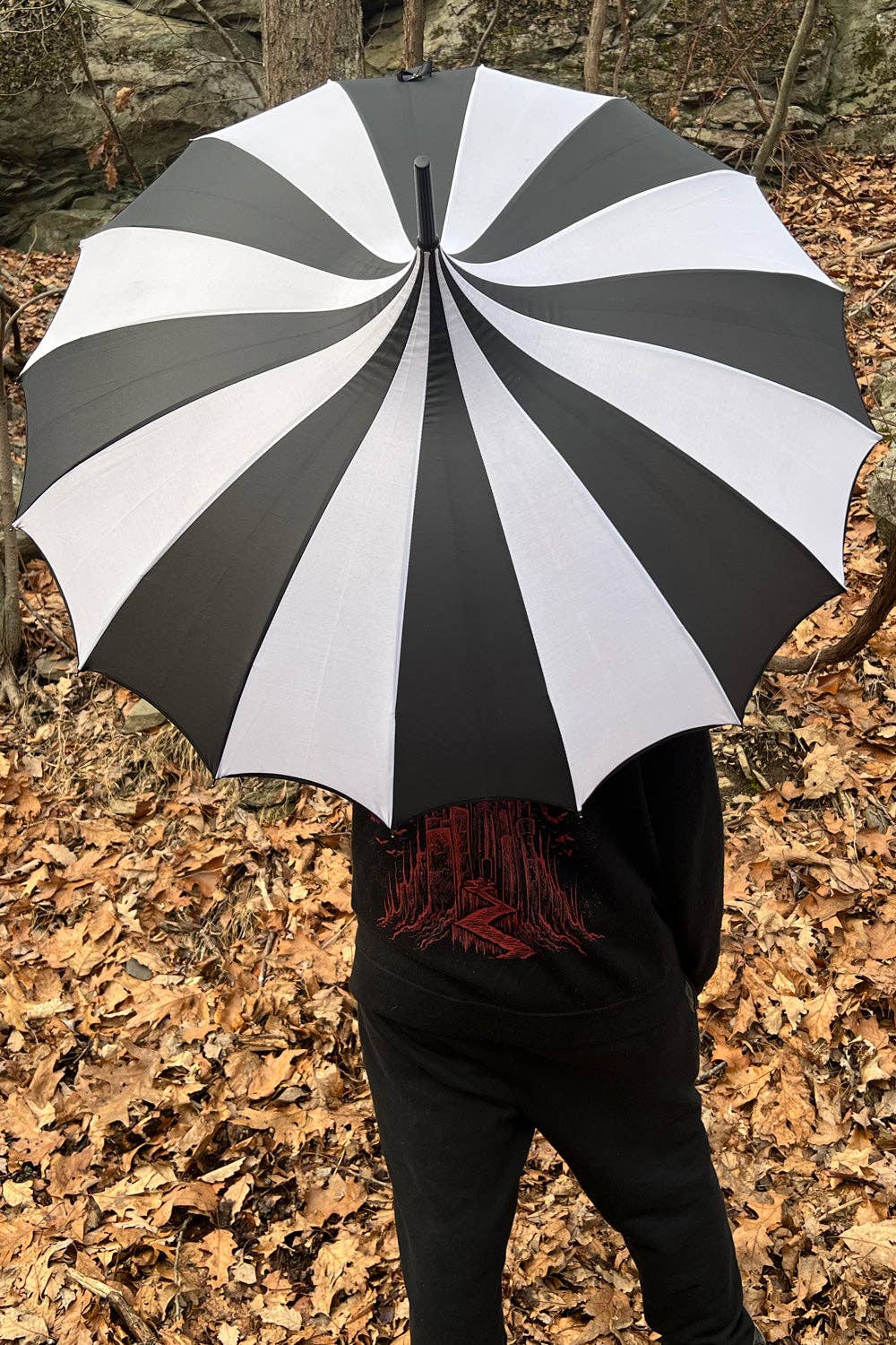 Batwing Pagoda Umbrella [BLACK/WHITE STRIPED] Accessories - Gothic & Alternative Gift - Haunted