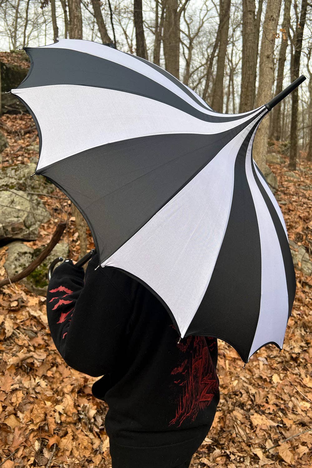 Batwing Pagoda Umbrella [BLACK/WHITE STRIPED] Accessories - Gothic & Alternative Gift - Haunted