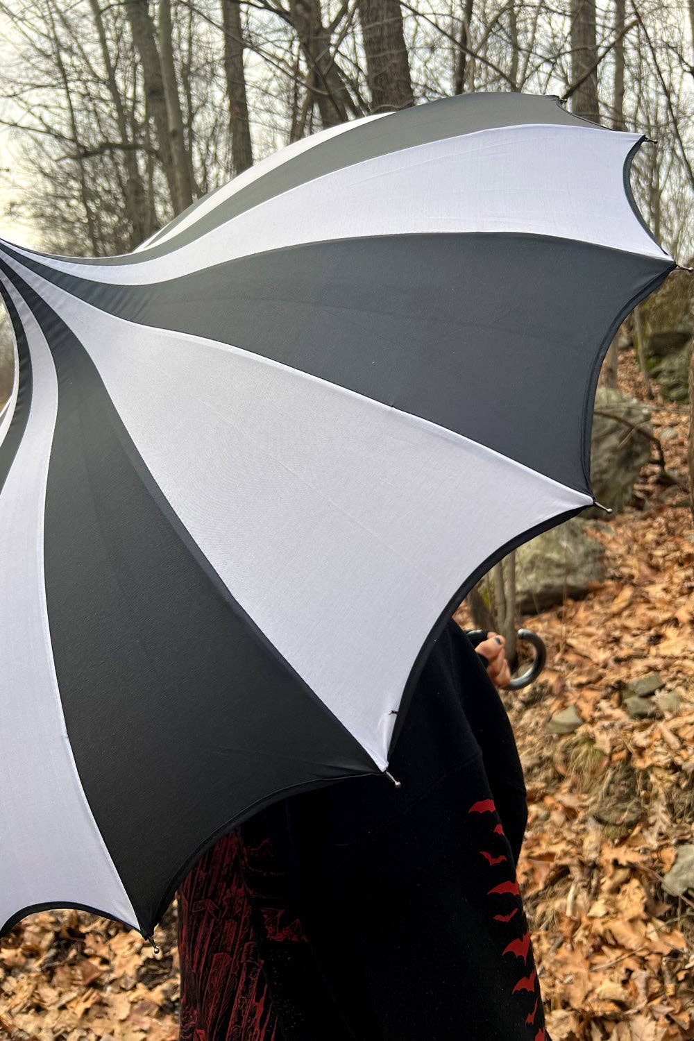 Batwing Pagoda Umbrella [BLACK/WHITE STRIPED] Accessories - Gothic & Alternative Gift - Haunted