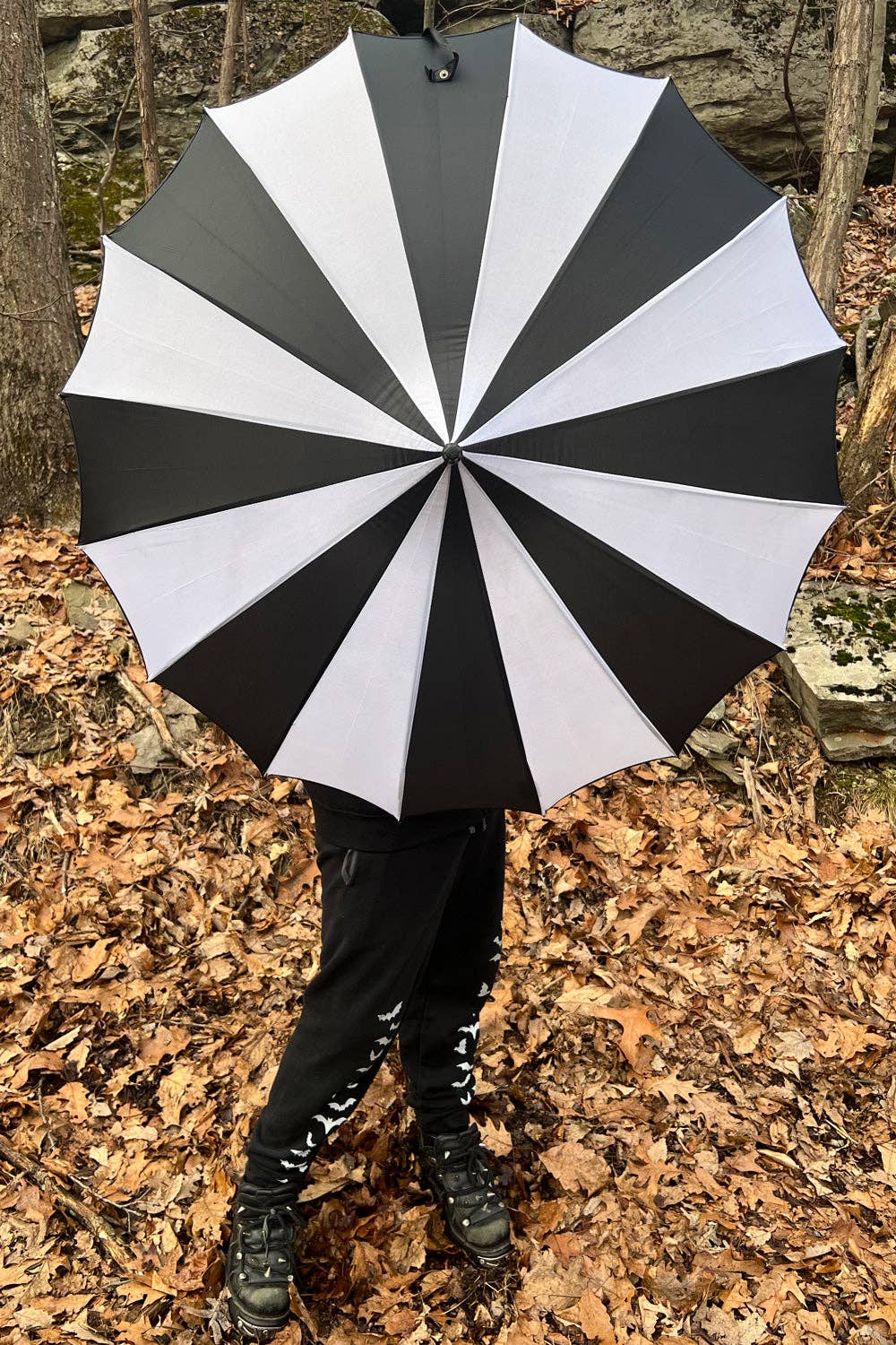 Batwing Pagoda Umbrella [BLACK/WHITE STRIPED] Accessories - Gothic & Alternative Gift - Haunted