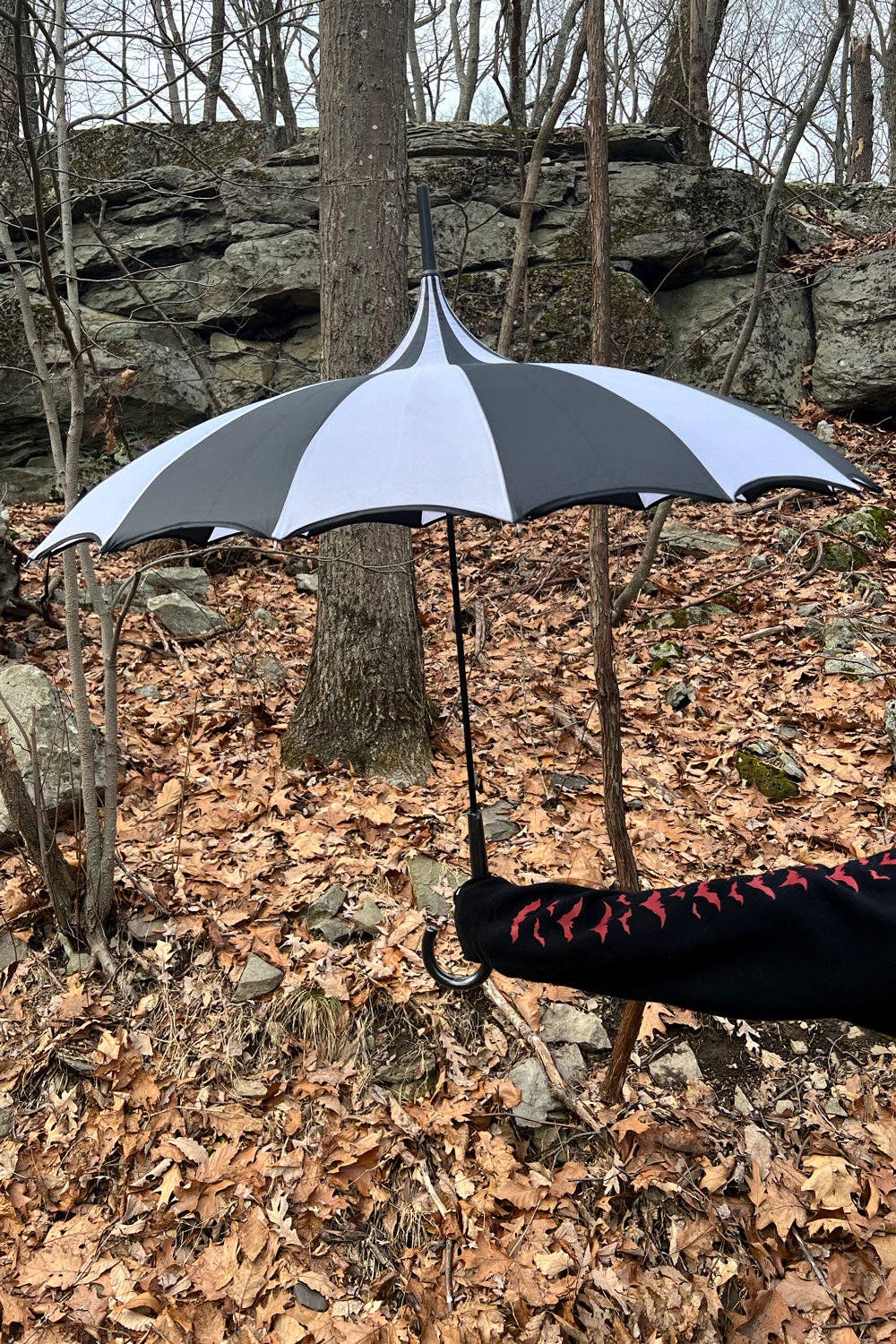 Batwing Pagoda Umbrella [BLACK/WHITE STRIPED] Accessories - Gothic & Alternative Gift - Haunted