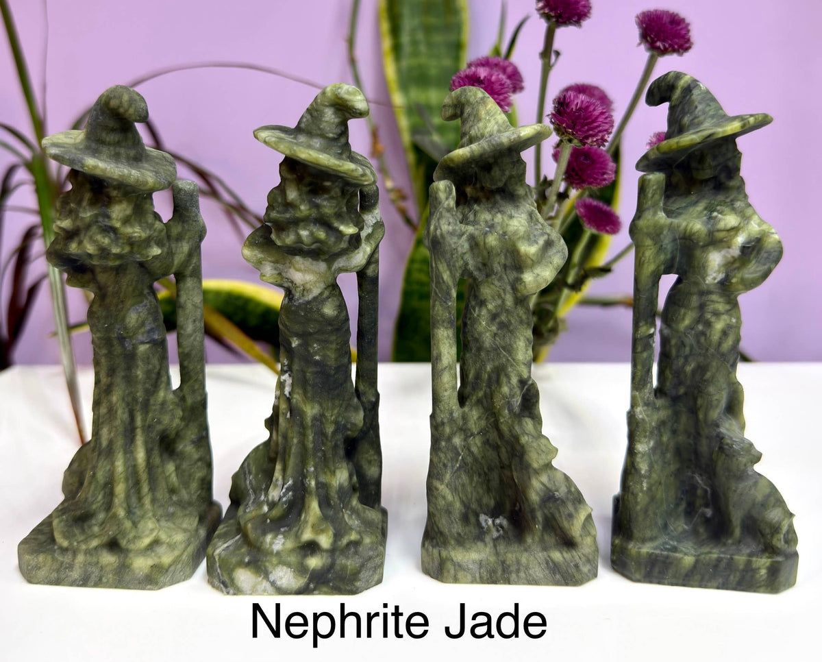 Natural Black Obsidian & Nephrite Jade Witch Crystal Carving