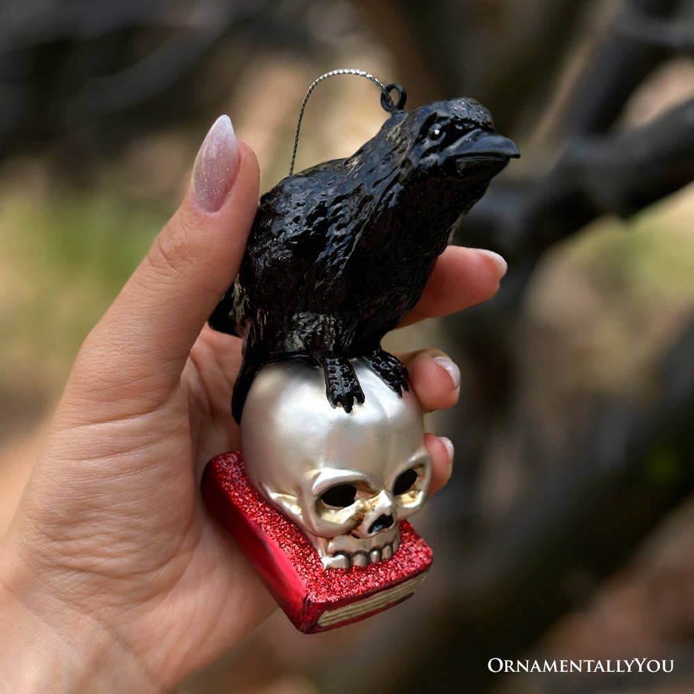 Raven on Skull and Book Glass Ornament