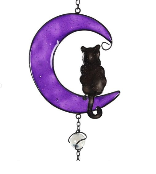 Black Cat and Moon Windchime Metal Hanging Crystal - Gothic & Alternative Gift - Haunted