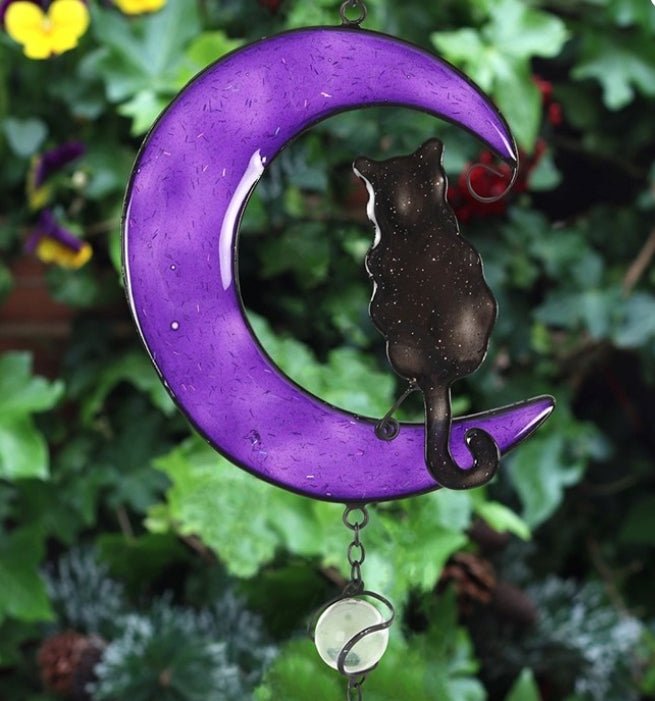 Black Cat and Moon Windchime Metal Hanging Crystal - Gothic & Alternative Gift - Haunted