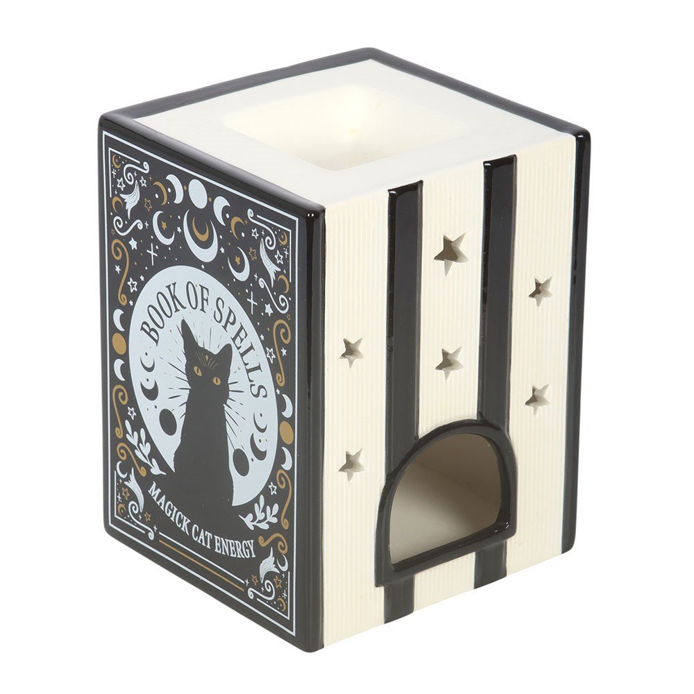Black Cat Book of Spells Oil Burner and Wax Warmer Candle holders - Gothic & Alternative Gift - Haunted