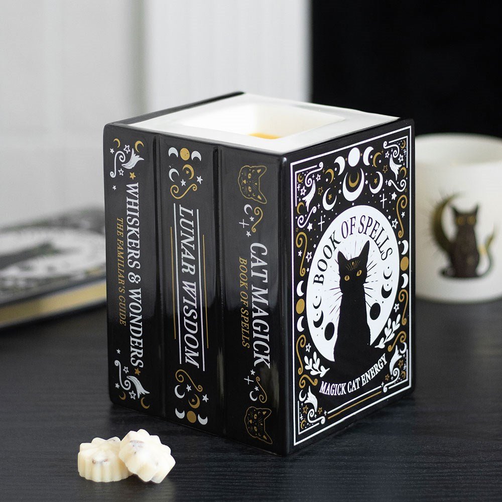 Black Cat Book of Spells Oil Burner and Wax Warmer Candle holders - Gothic & Alternative Gift - Haunted