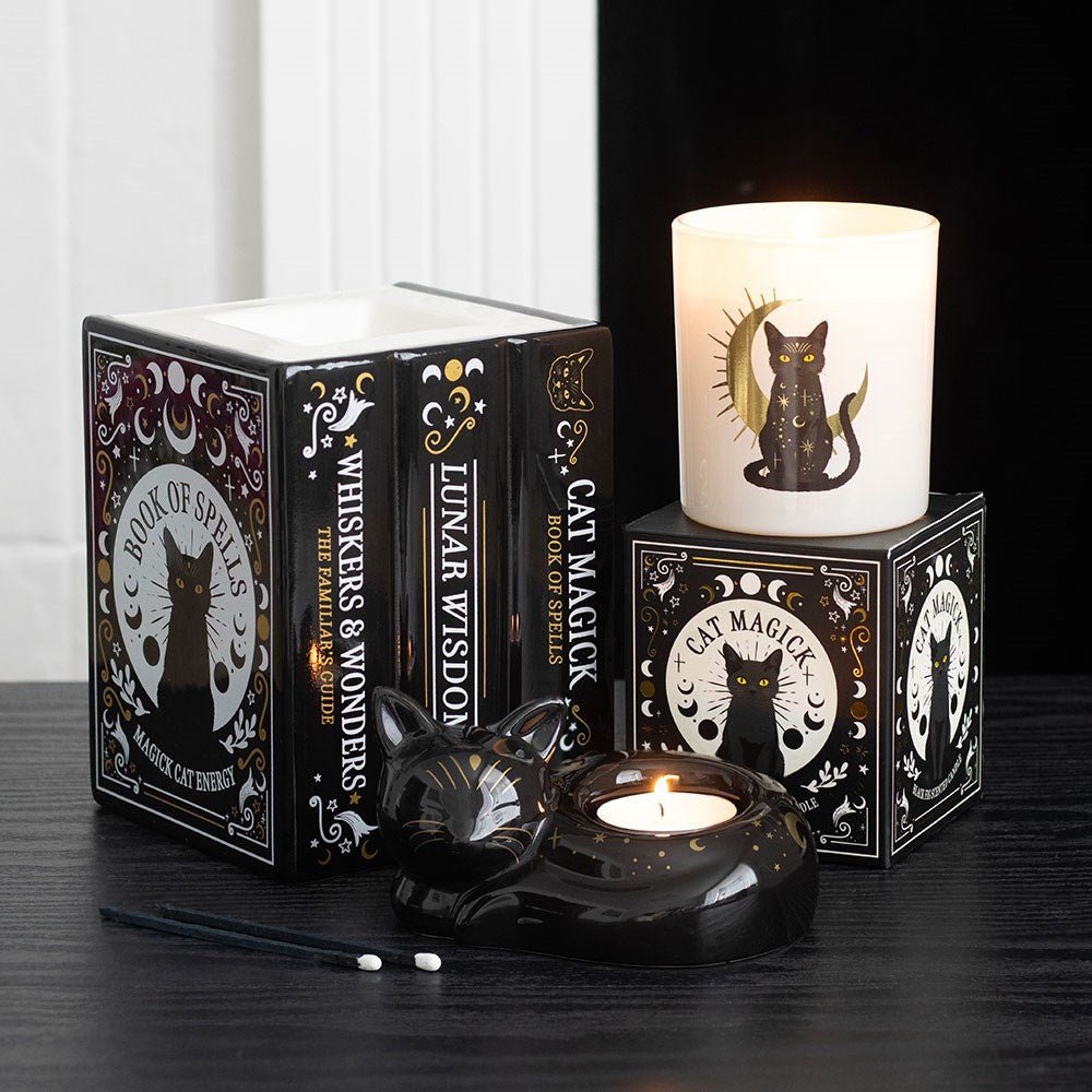 Black Cat Book of Spells Oil Burner and Wax Warmer Candle holders - Gothic & Alternative Gift - Haunted
