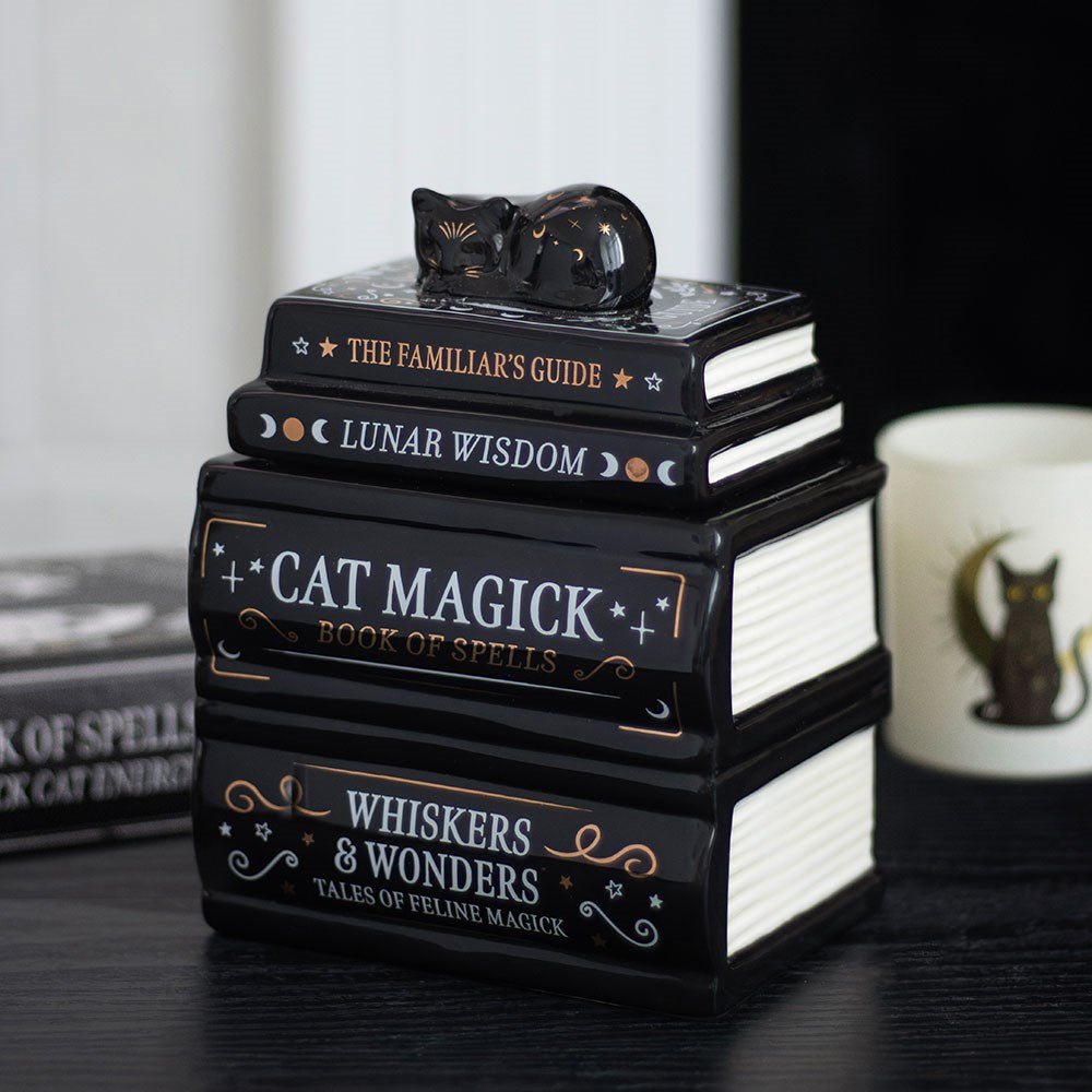 Black Cat Book Stack Oil Burner with Cat & Wax Warmer Candle holders - Gothic & Alternative Gift - Haunted