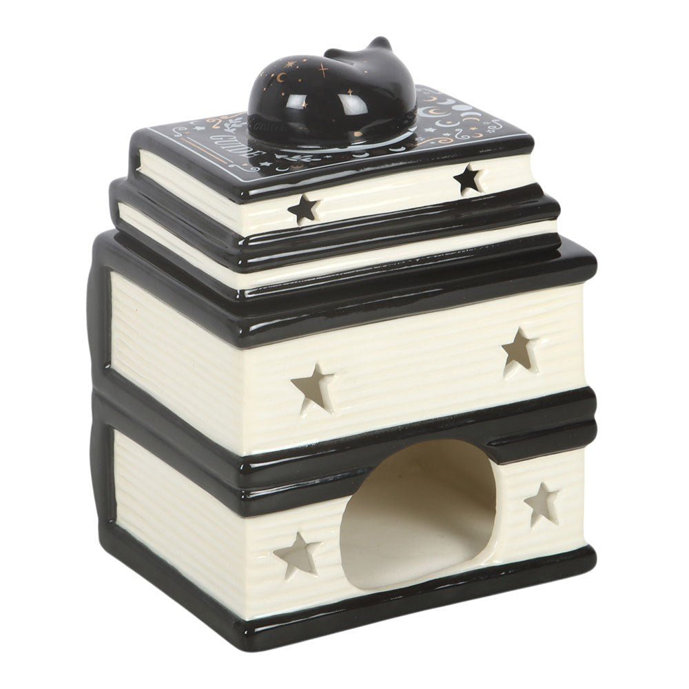 Black Cat Book Stack Oil Burner with Cat & Wax Warmer Candle holders - Gothic & Alternative Gift - Haunted