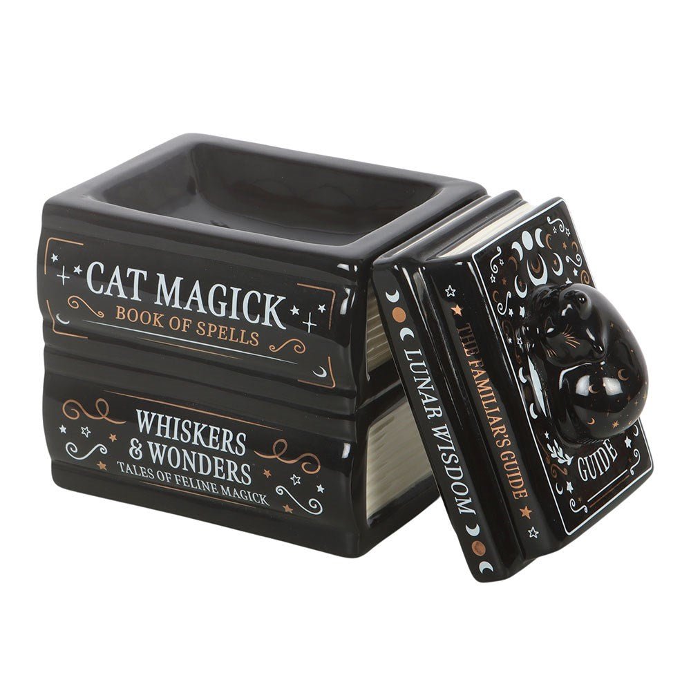 Black Cat Book Stack Oil Burner with Cat & Wax Warmer Candle holders - Gothic & Alternative Gift - Haunted