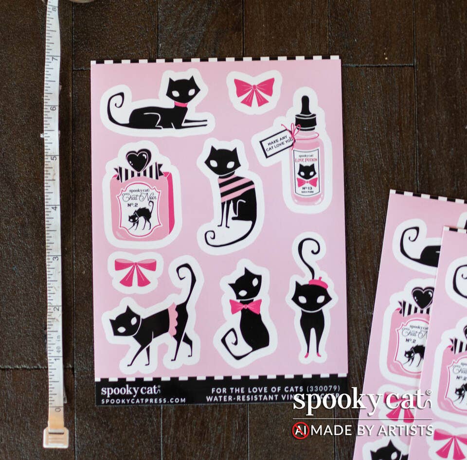 Black Cat Love Vinyl Sticker Sheet – Spooky Valloween Cats Accessories - Gothic & Alternative Gift - Haunted