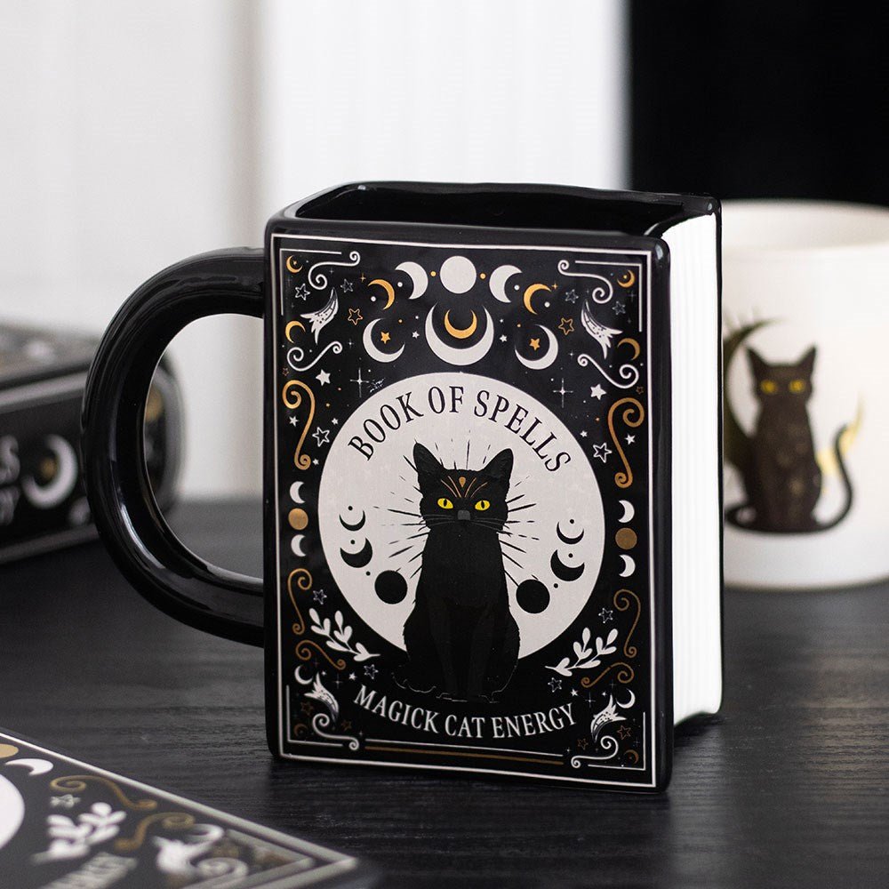 Black Cat Magick Book of Spells Book Shaped Mug Drinkware - Gothic & Alternative Gift - Haunted