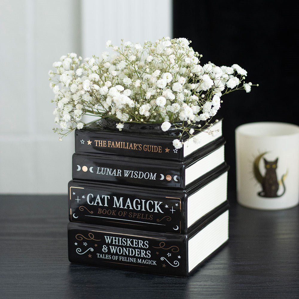 Black Cat Magick Book Stack Vase Planter Garden Decor - Gothic & Alternative Gift - Haunted